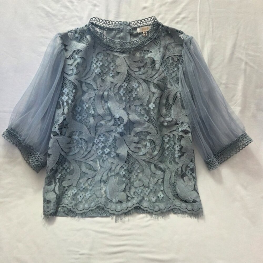 Peach Blue Lace Overlay Sheer Puff Sleeve Blouse XL- Feels Smaller